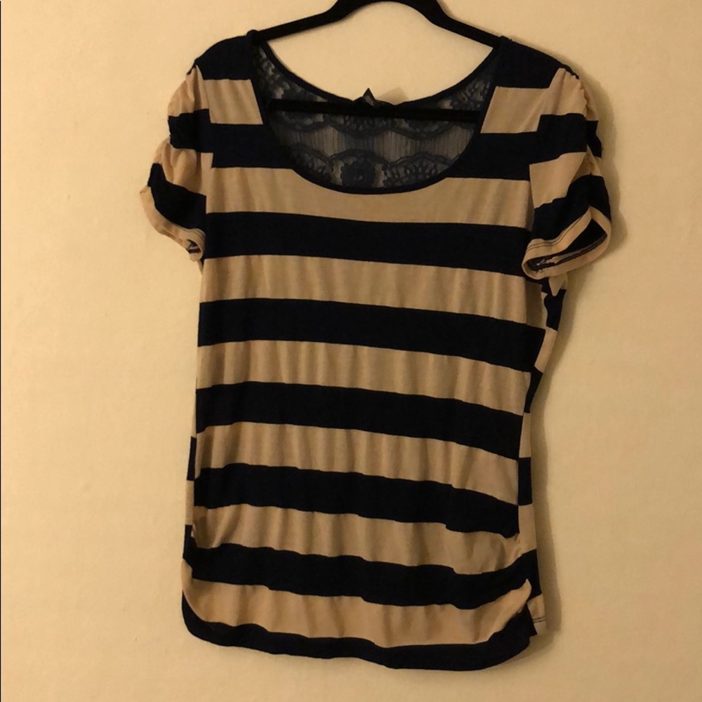 Striped Cinched Shoulder Top w/ Lace Back